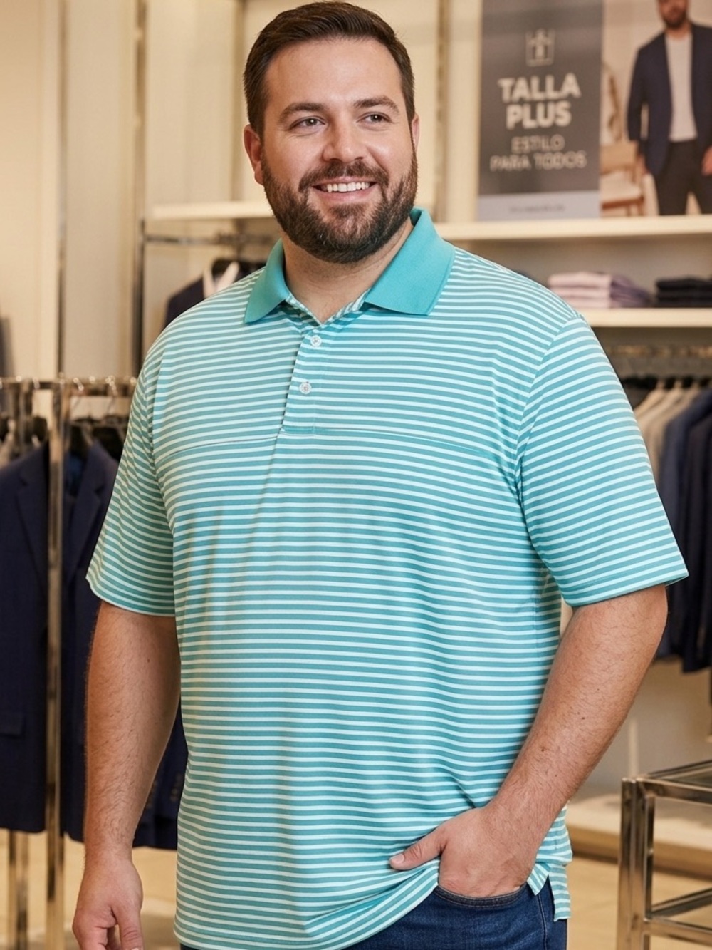 Men's Teal and White Striped Polo Shirt